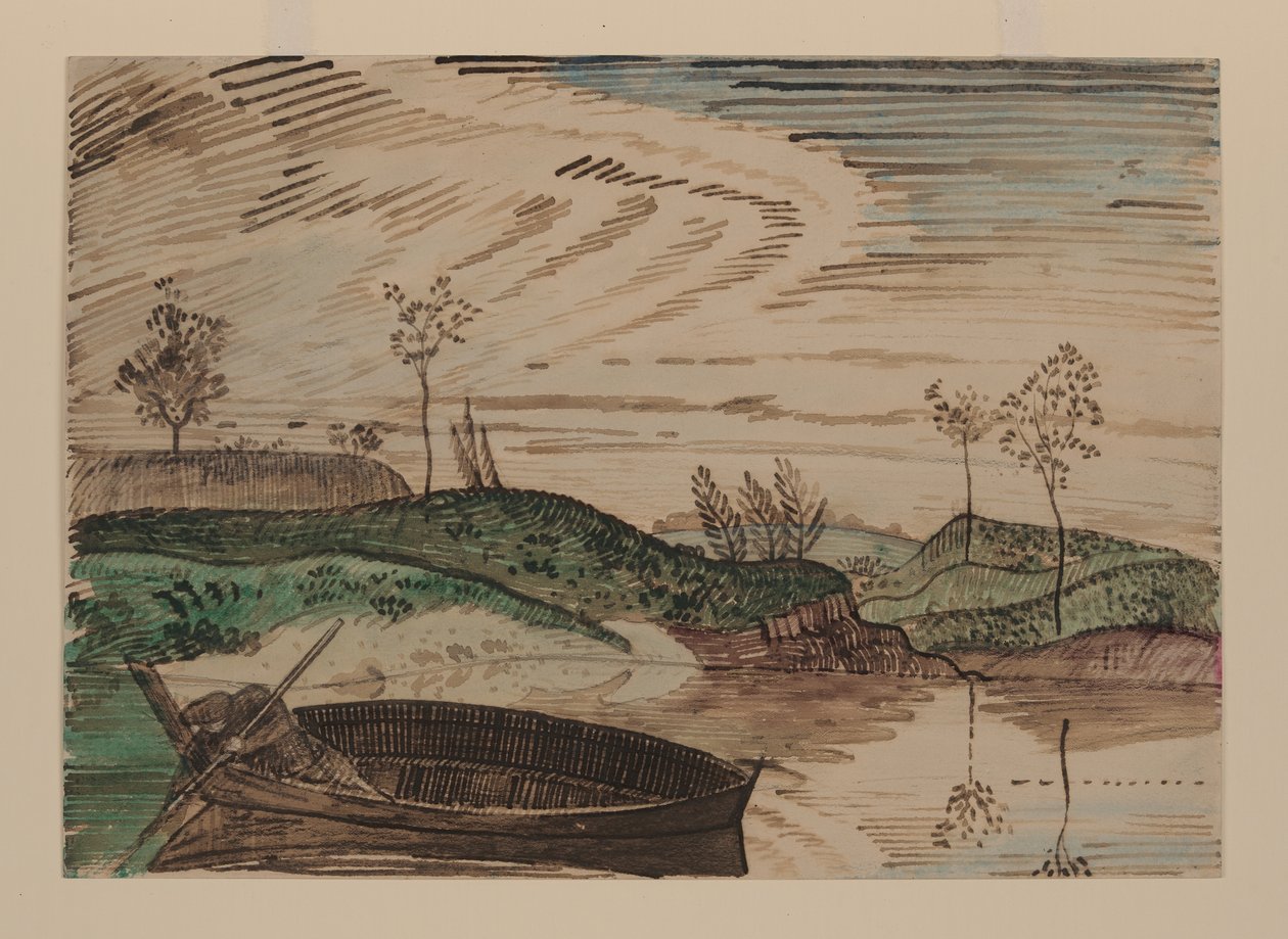 No rio Bsura, Polónia, c.1915 (aguarela, lápis e giz sobre papel) de Derwent Lees