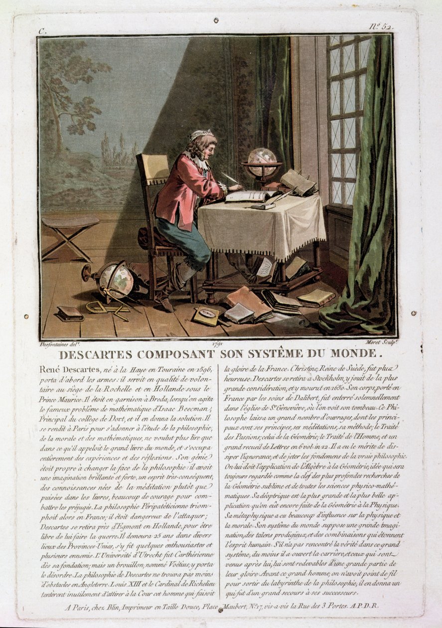 René Descartes (1596-1650), escrevendo seu sistema mundial, gravado por Jean Baptiste Moret (fl.1790-1820), 1791 de Desfontaines