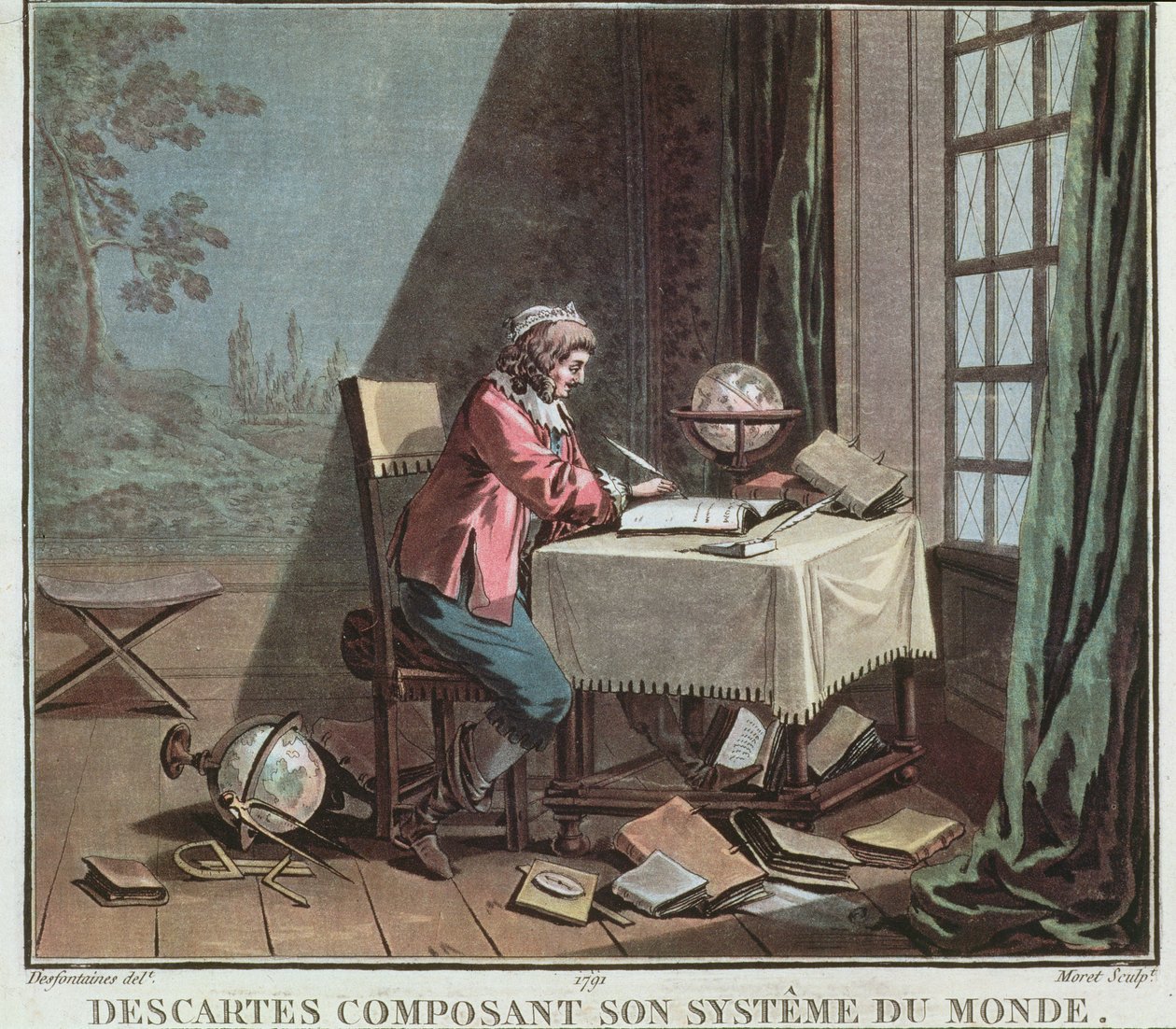 René Descartes (1596-1650), escrevendo seu sistema mundial, gravado por Jean Baptiste Moret (fl.1790-1820), 1791 de Desfontaines