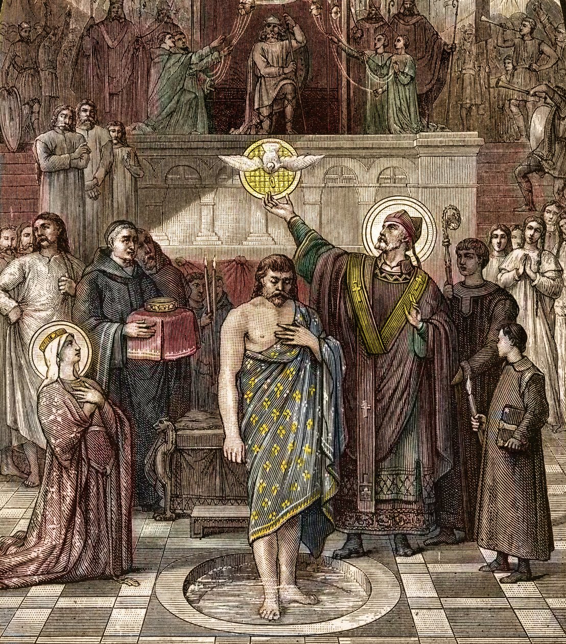 Santo Remigius baptiza Clovis em Reims - O baptismo do Rei dos Francos Clovis I (466-511) em Reims pela Eveque Saint Remi em 25/12/496 (ou 499) - gravura após a pintura de Desire François Laugee de Desire Francois Laugee