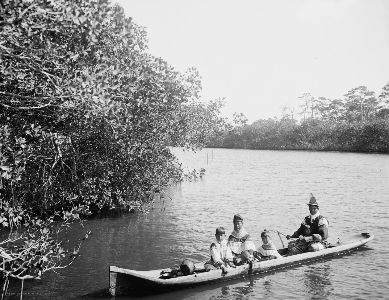 Seminole Indian e família canoa, Miami, Flórida, c.1910-20 de Detroit Publishing Co.