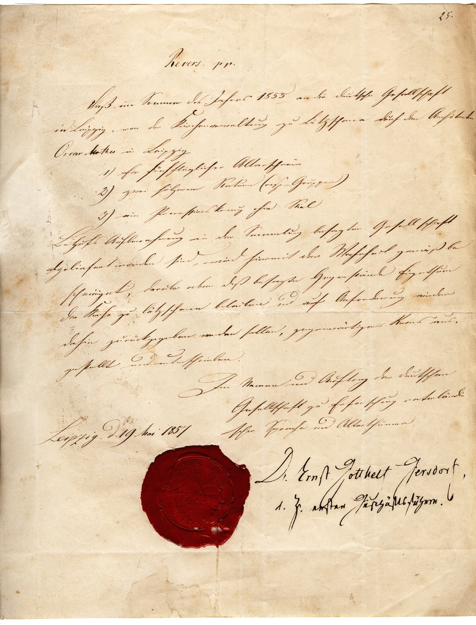 Lapela da Sociedade para o Estudo da Linguagem Patriótica e Antiguidades para a paróquia de Lützschena datada de 19.05.1857 de Deutsche Gesellschaft zu Erforschung vaterländischer Sprache und Alterthümer
