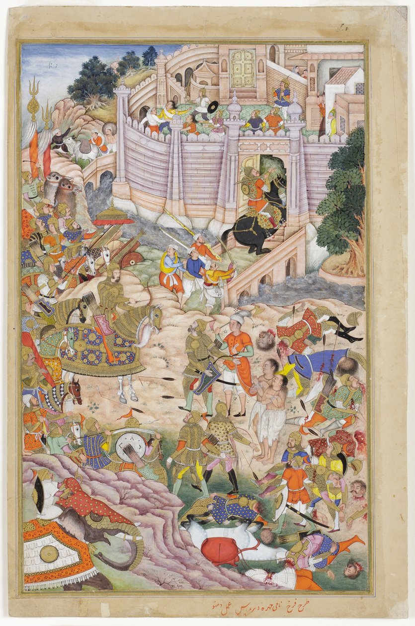 As tropas de Babur tomam a fortaleza em Cabul, c.1590-1600 (wc opaca e ouro no papel) de Dhannu, and Dharmdas Farrukh