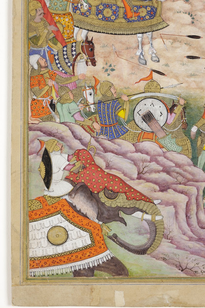 Detalhe das tropas de Babur tomam a fortaleza em Cabul, c.1590-1600 (wc opaco e ouro no papel) de Dhannu, and Dharmdas Farrukh
