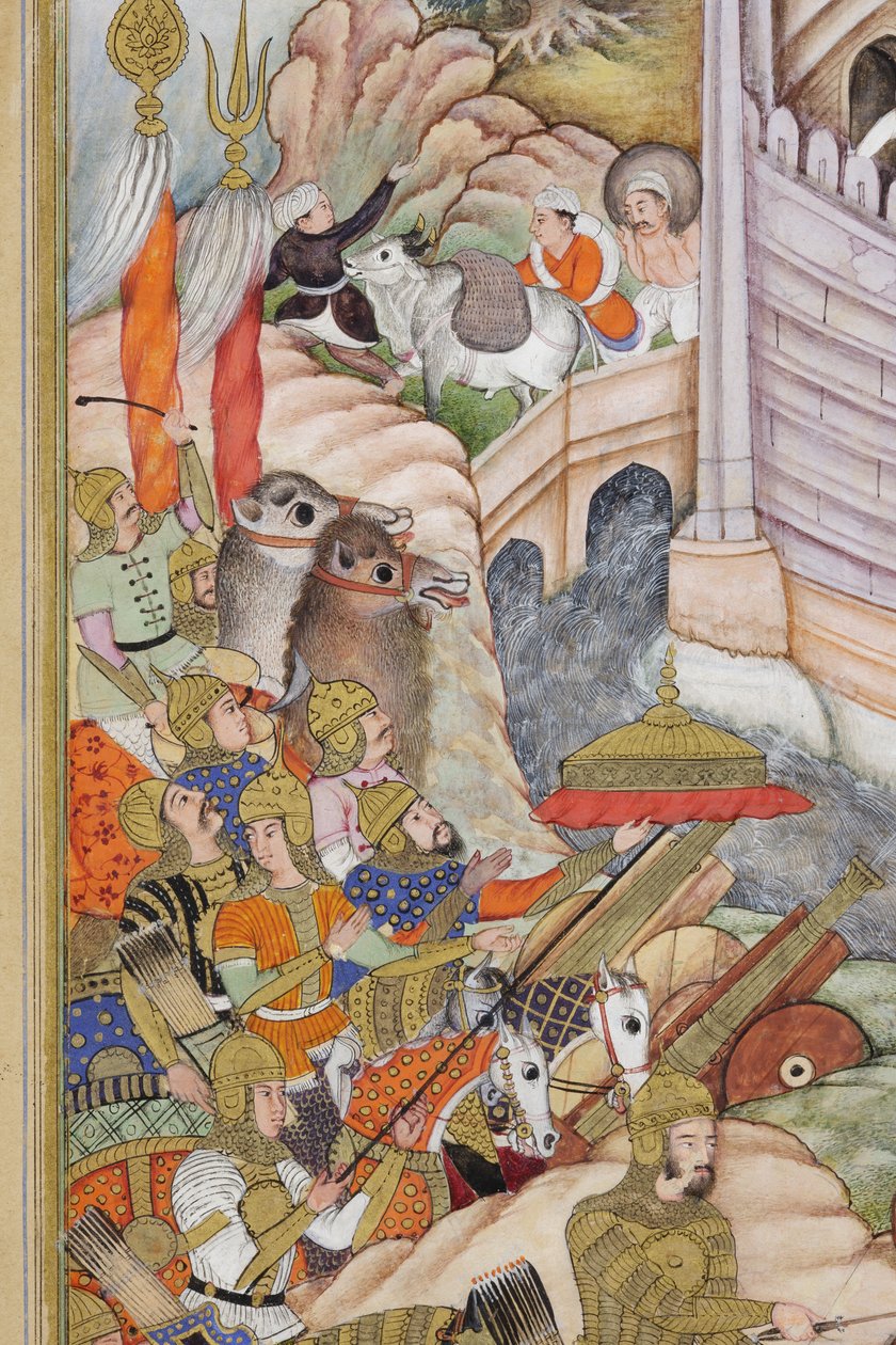 Detalhe das tropas de Babur tomam a fortaleza em Cabul, c.1590-1600 (wc opaco e ouro no papel) de Dhannu, and Dharmdas Farrukh