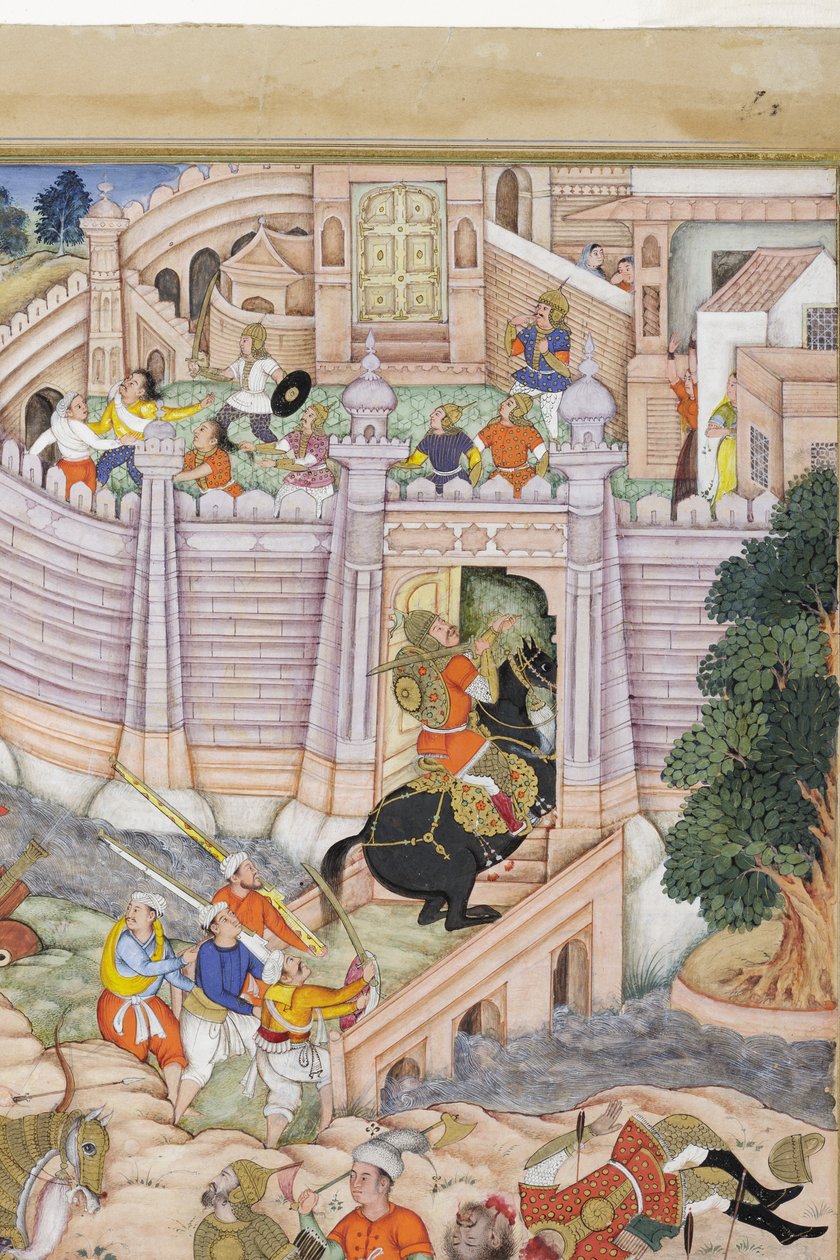 Detalhe das tropas de Babur tomam a fortaleza em Cabul, c.1590-1600 (wc opaco e ouro no papel) de Dhannu, and Dharmdas Farrukh