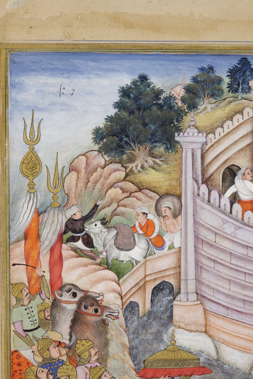 Detalhe das tropas de Babur tomam a fortaleza em Cabul, c.1590-1600 (wc opaco e ouro no papel) de Dhannu, and Dharmdas Farrukh