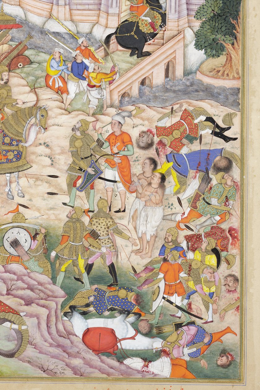 Pormenor da tomada da fortaleza de Cabul pelas tropas de Babur, c.1590-1600 (aguarela opaca e ouro sobre papel) de Dhannu & Dharmdas Farrukh