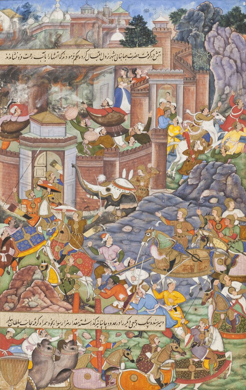 Vôo do Sultão Bahadur Durante a Campanha de Humayuns 1535 em Gujarat, c.1590 (aquarela opaca, ouro e tinta sobre papel) de Dharmdas Dharmdas