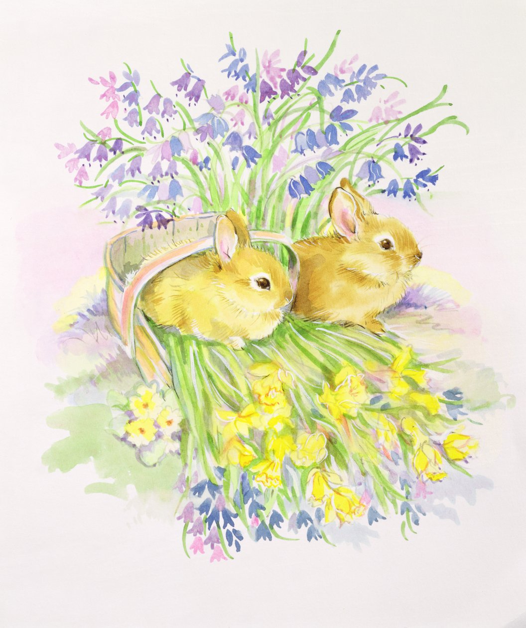 Coelhos em uma cesta com narcisos e Bluebells de Diane Matthes