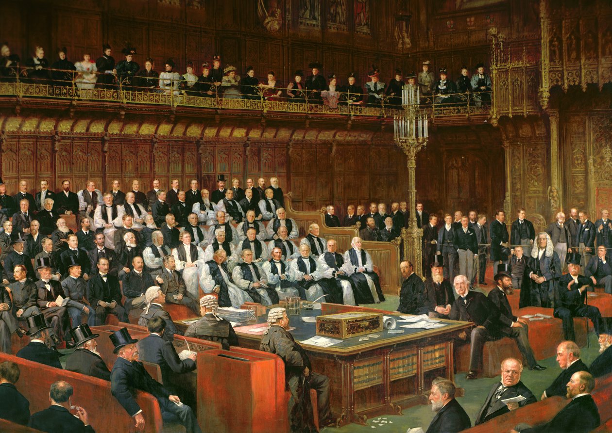 Debate do Home Rule na Câmara dos Lordes, 1893, Lord Chancellor prestes a colocar a questão, 1893 (detalhe) de Dickinson and Foster