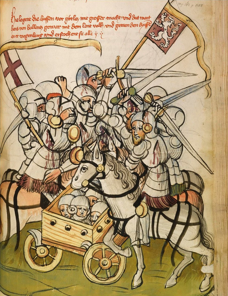Cena de batalha durante as cruzadas católicas contra os hussitas, partidários de Jan Hus (ou Jean Huss de Diebold (workshop) Lauber