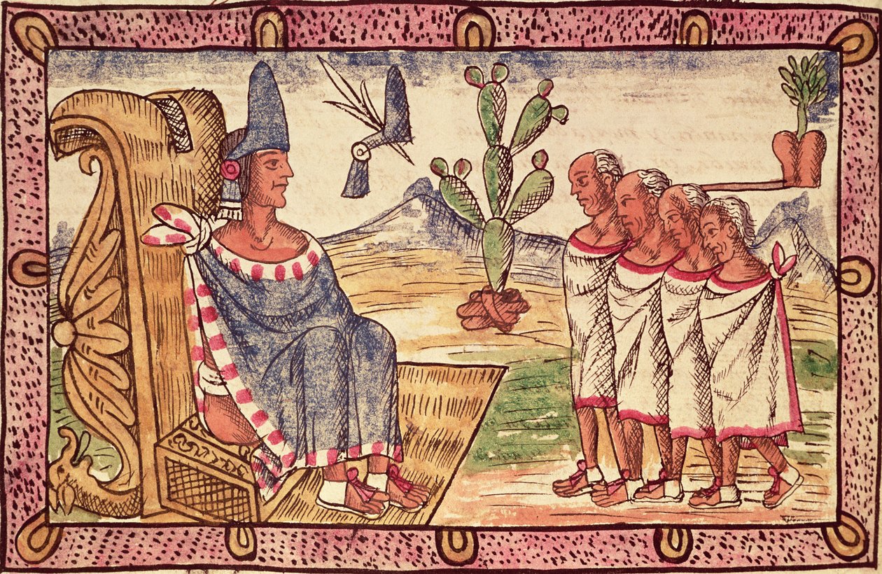 Fol.56v Montezuma II (1466-1520) e seus enviados aos conquistadores espanhóis, 1579 de Diego Duran
