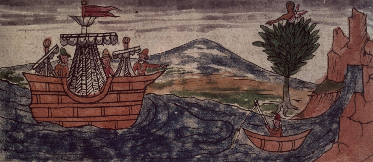 Fol.197v Um espião indiano observa a chegada de um navio espanhol na costa mexicana, 1579 de Diego Duran