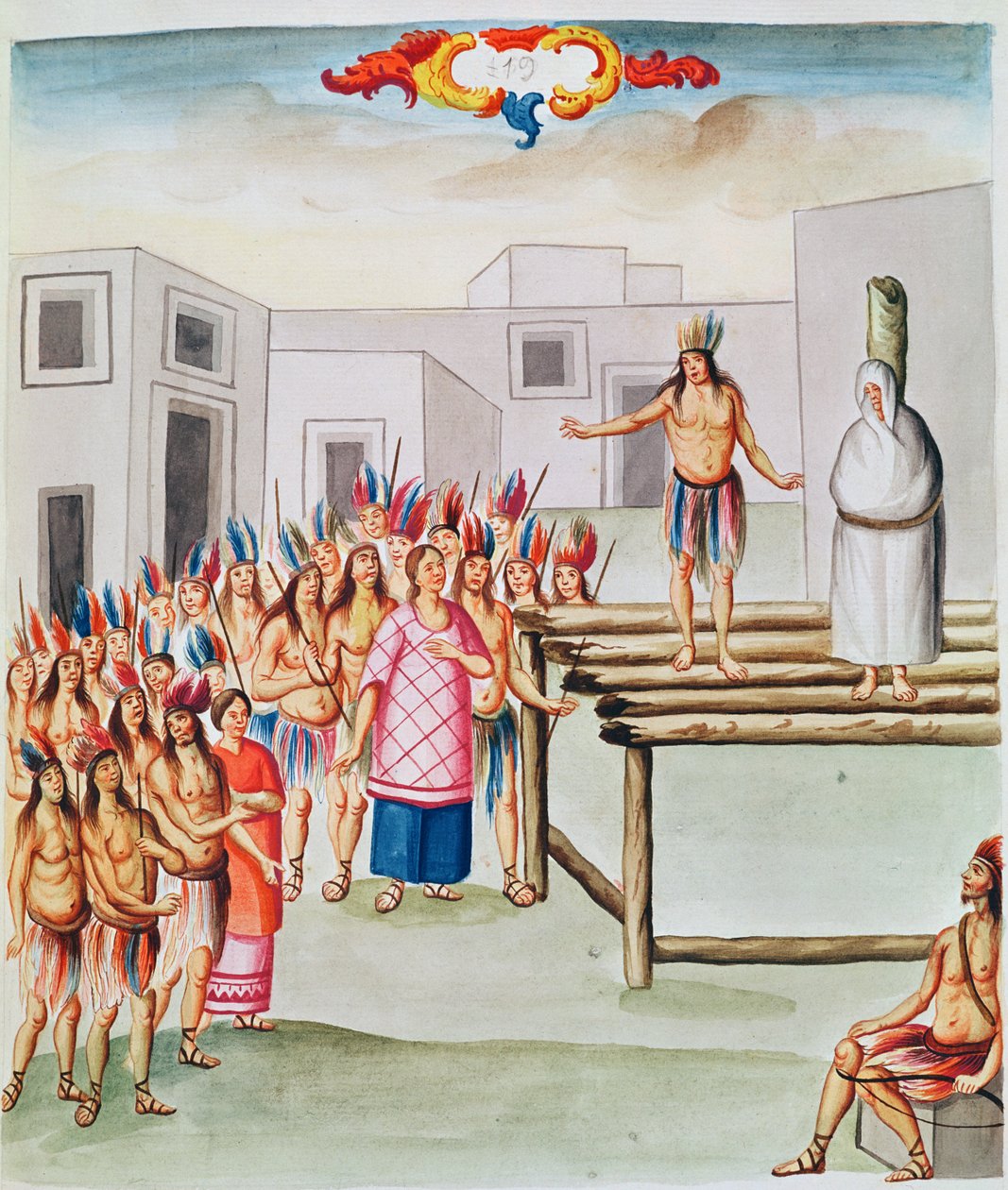 Tome 4 fol.19, Vista da Plaza de Thalco com um índio amarrado a uma estaca, do "Teatro de la Nueva Espana", final do século XVIII de Diego Garcia Panes y Avellan