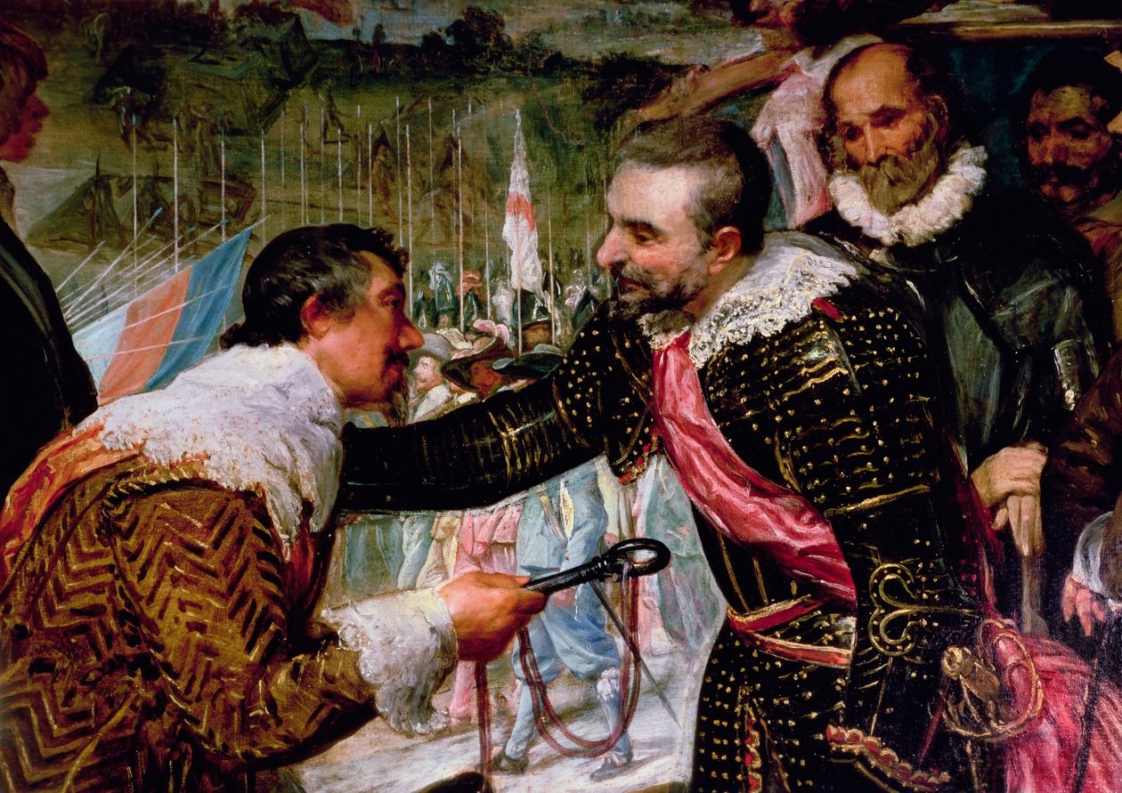 A rendição de Breda (1625), detalhe de Justin de Nassau entregando as chaves para Ambroise Spinola (1569-1630) em 5 de junho de 1625, c.1635 (detalhe de 30730) de Diego Velázquez