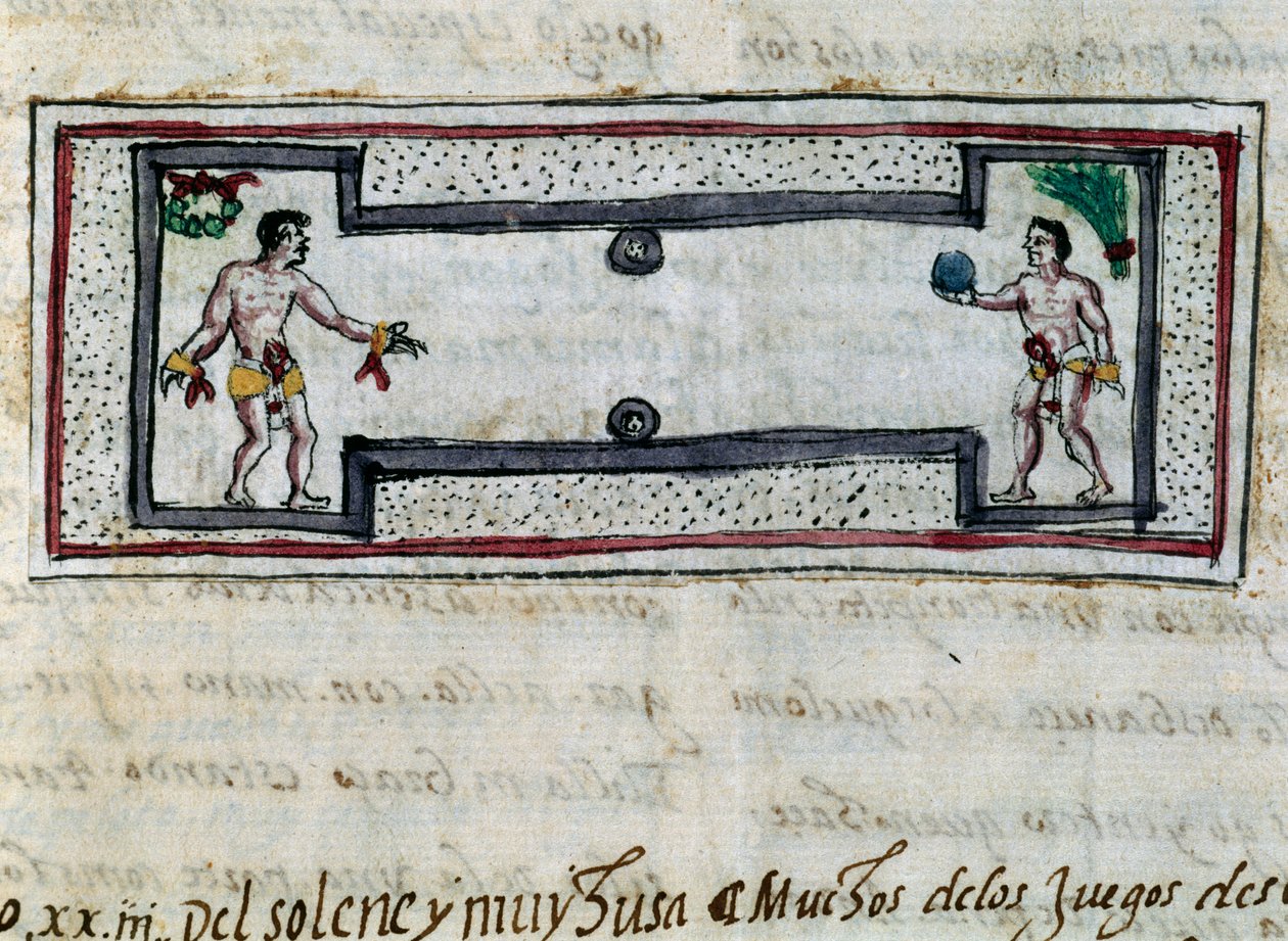 Aztecas jogando jogo de pelota, miniatura de Historia de las Indias de Diego Duran (1537-1588), manuscrito de 1579 de Diego Duran
