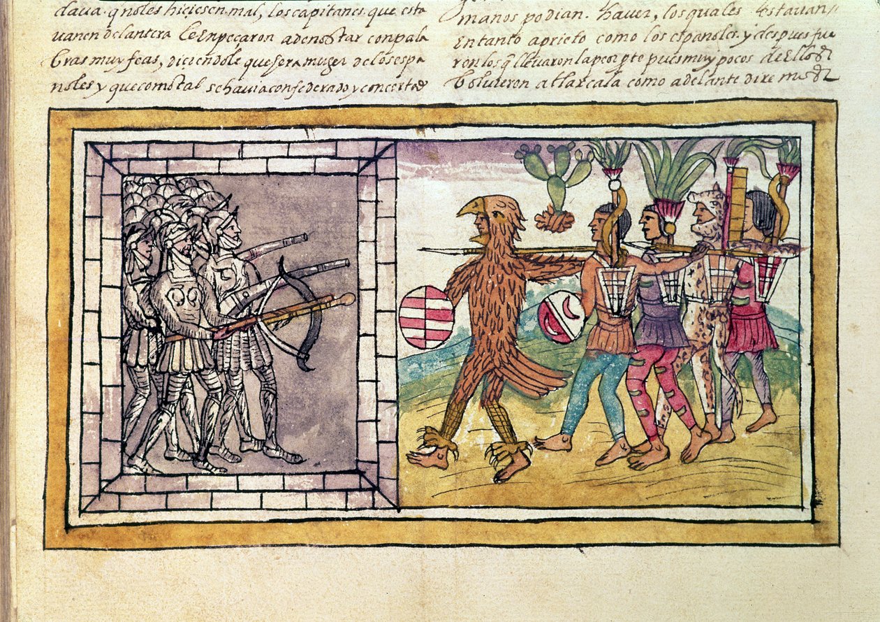 Códice Duran: Pedro de Alvarado (c.1485-1541) companheiro de armas de Hernando Cortes (1485-1547) sitiado por guerreiros astecas de Diego Duran