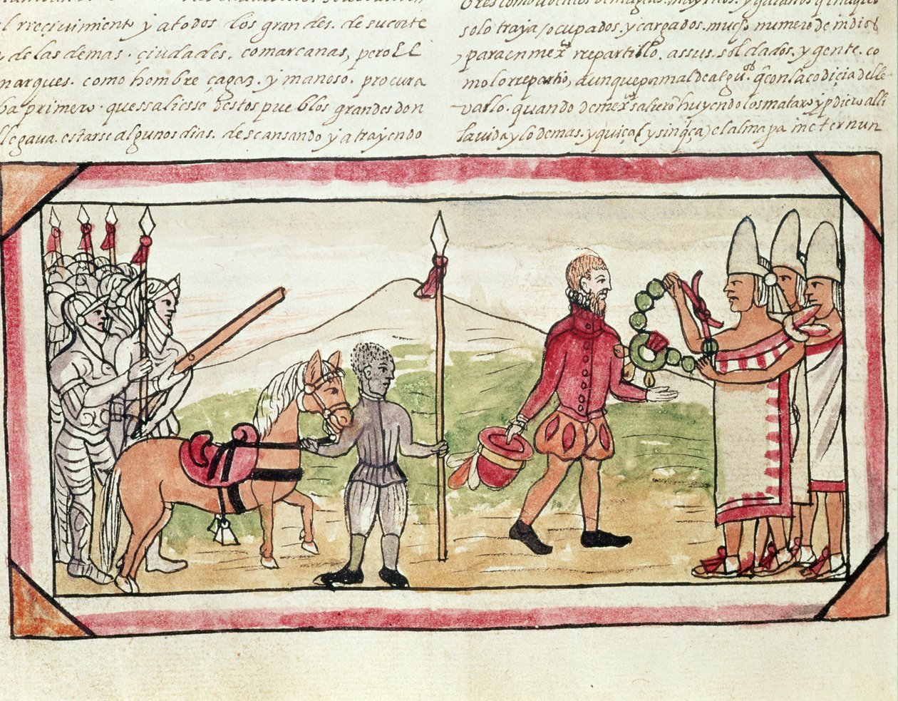 Fol.208v Encontro de Hernando Cortes (1485-1547) e Montezuma (1466-1520), miniatura da &39;História dos índios&39; de Diego Duran, 1579 de Diego Duran