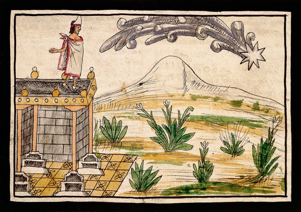 Montezuma observando o cometa, miniatura da História das Índias por Diego Duran (1537-1588) de Diego Duran