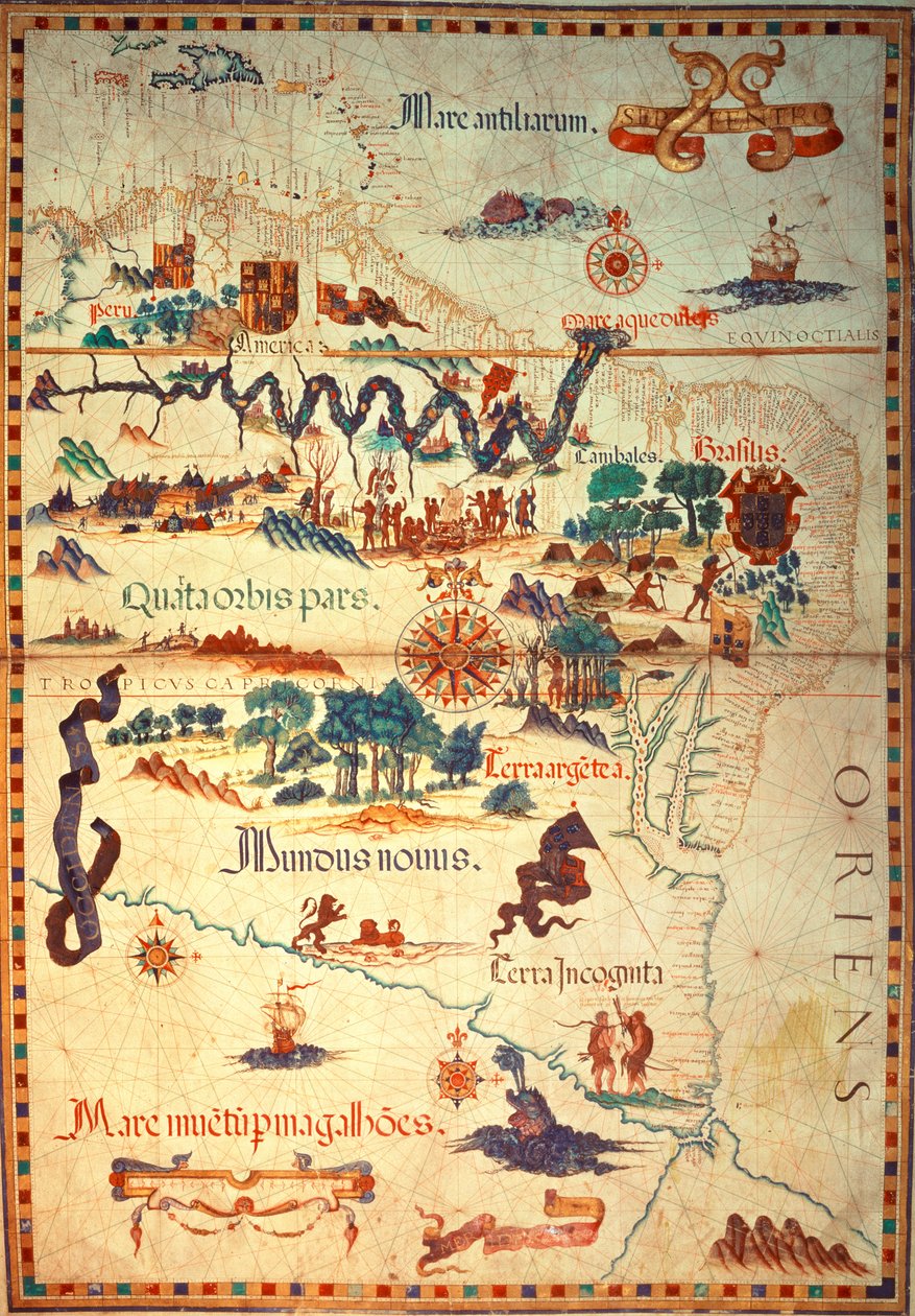 Acrescentar 5415A f.23v-24 Atlas de Diego Homem da América do Sul, mostrando índios nas suas povoações, Campo de Forças Expedicionárias Espanholas e Homens de Armadura, c.1558 de Diego Homem