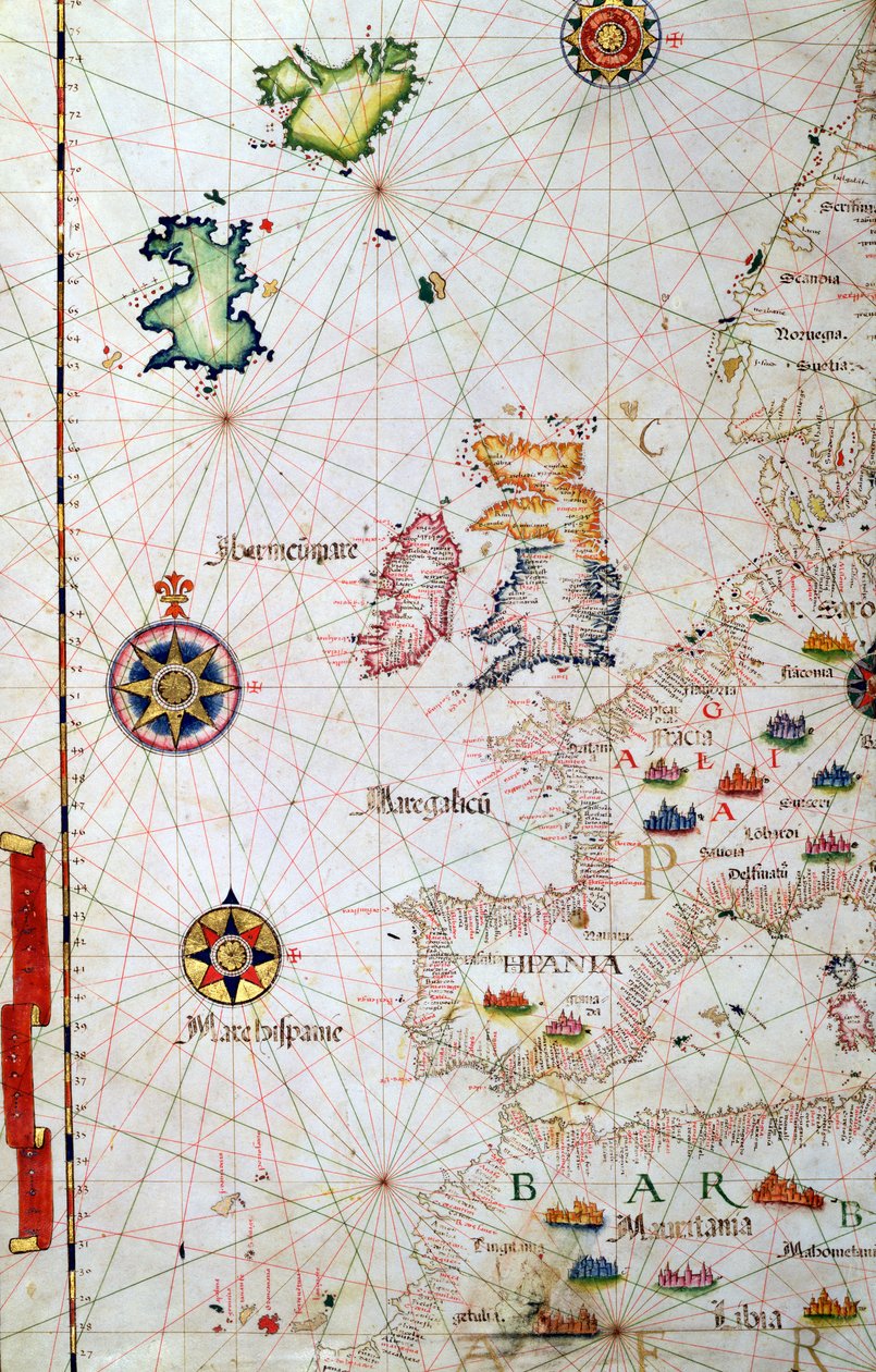 As Ilhas Britânicas, a Ibéria e o noroeste da África, detalhe de um atlas mundial, 1565 de Diego Homem