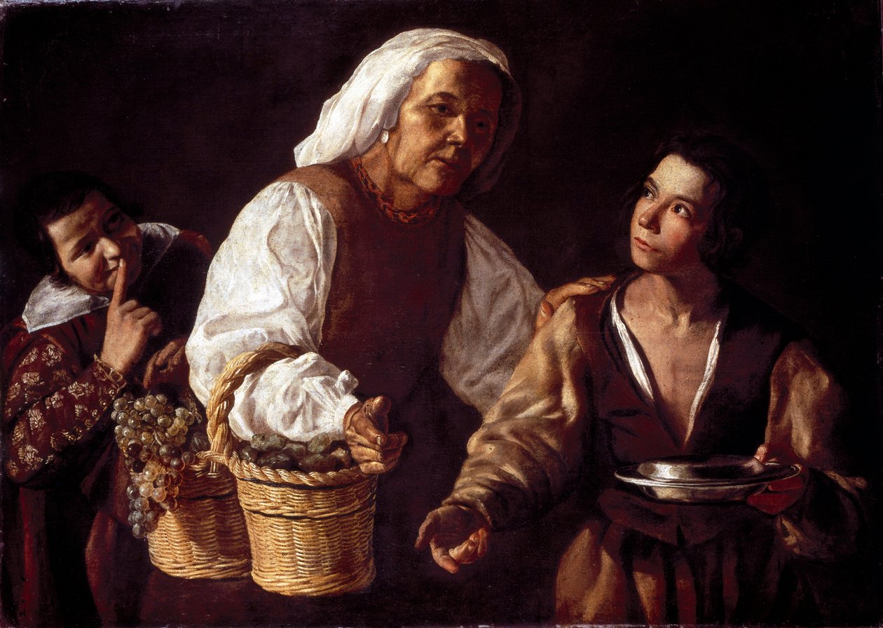 The Two Boys and the Old Fruit Woman or the Old Fruit Seller (Dos muchachos y vieja con fruta o La vieja frutera). Pintura de Diego Rodriguez de Silva Velázquez (Velasquez de Diego Rodriguez de Silva y (attr. to) Velazquez
