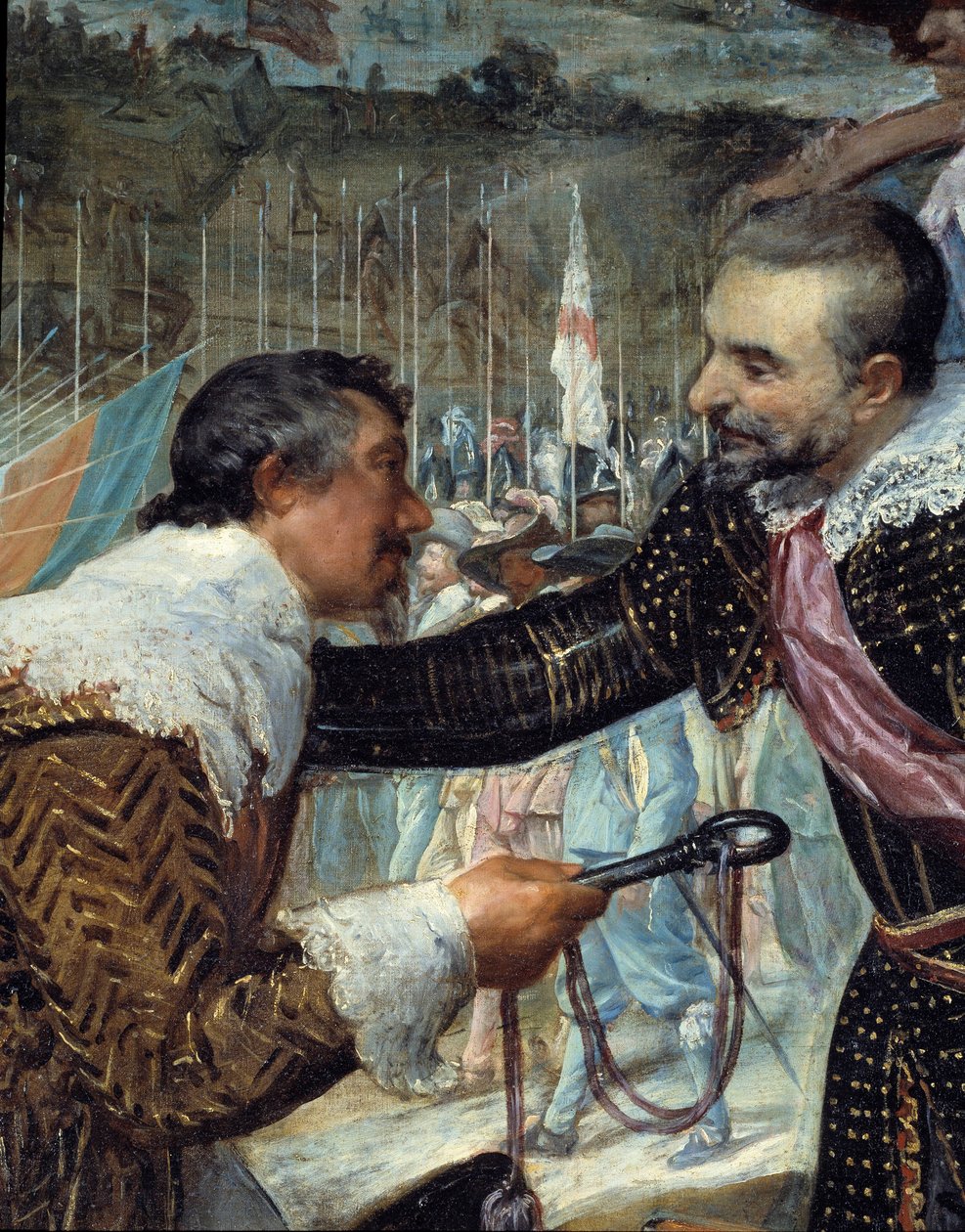 A rendição de Breda. No final do cerco de Breda (durante a Guerra dos Trinta Anos): em 5 de junho de 1625, Justin de Nassau (1559-1631) negociou a paz com Ambrogio Spinola Doria, Marquês de Los Balbases (1569-1630), durante uma cerimônia onde entregou a k de Diego Velázquez