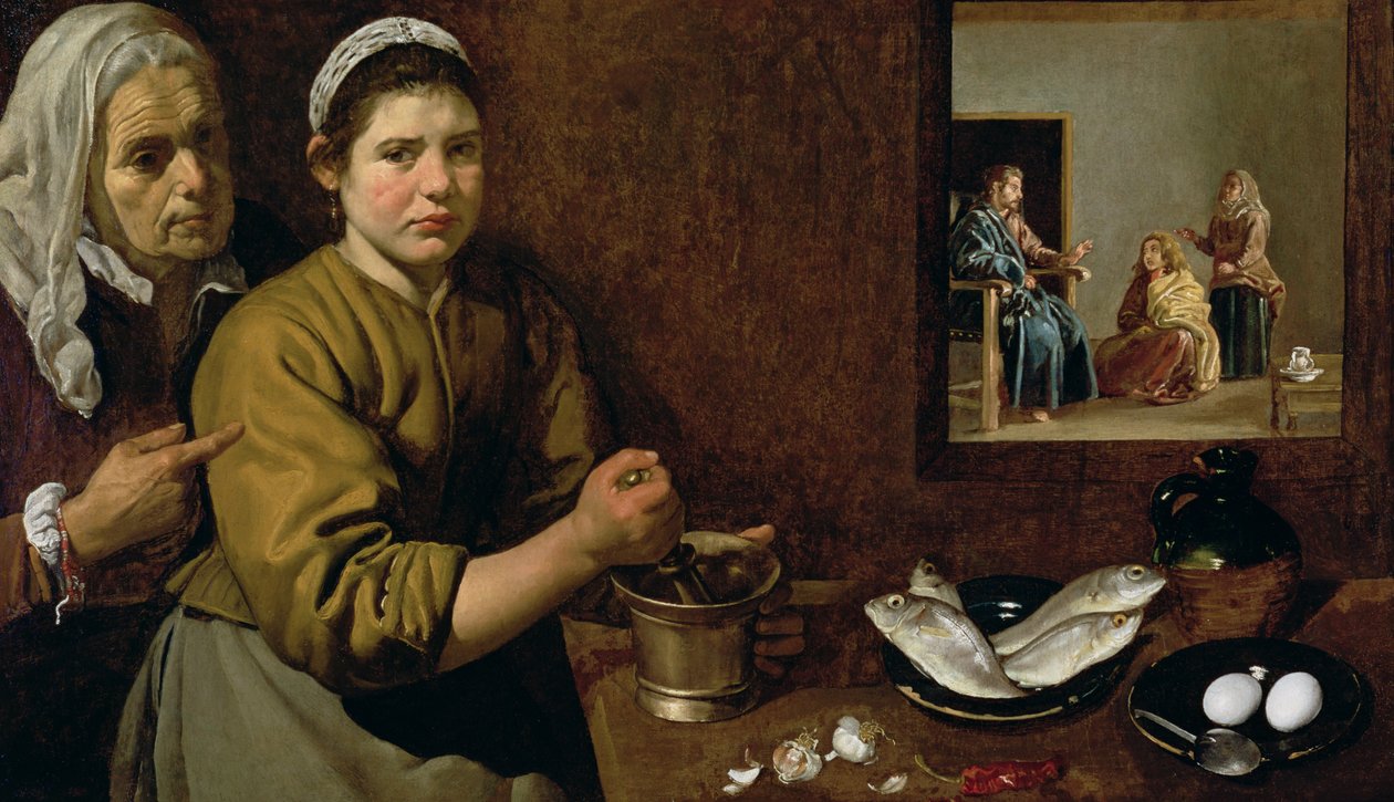 Cena da cozinha com Cristo na casa de Marta e Maria, c.1618 (óleo sobre tela) de Diego Velázquez