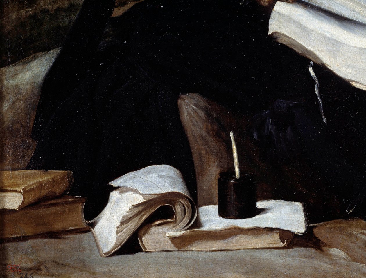 Retrato do bobo Diego de Acedo diz o primo, detalhe. Livros. Pintura de Diego Rodriguez de Silva y Velasquez (1599-1660) de Diego Velázquez