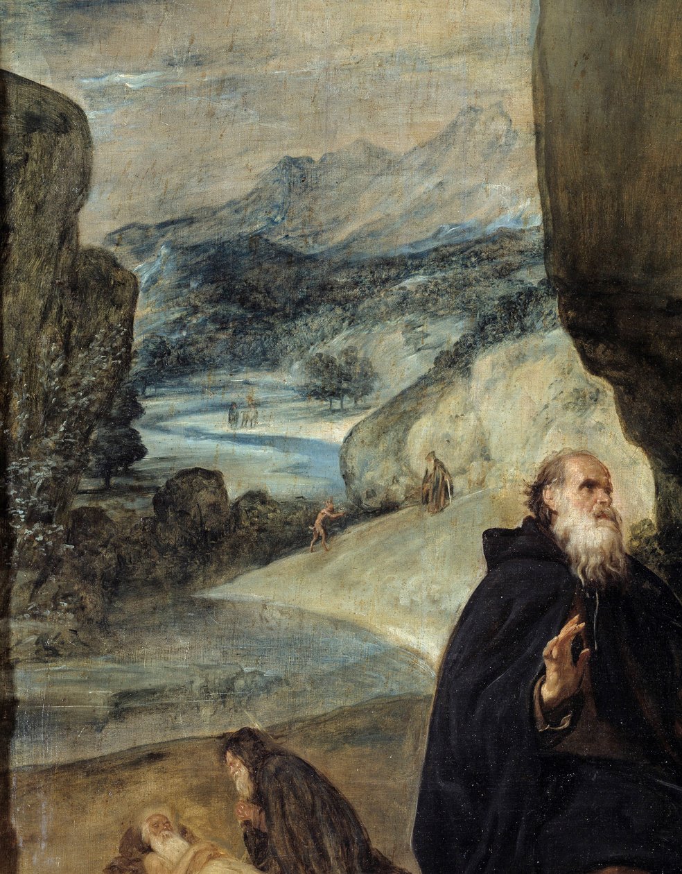 Santo Antônio e São Paulo eremita. Detalhe representando Santo Antônio o Grande (ou Santo Antônio o Eremita ou Santo Antônio a Abadia), e a paisagem. Pintura de Diego Rodríguez de Silva y Velasquez (1599-1660), cerca de 1635. Óleo sobre tela. Dim: 2,57 X 1 de Diego Velázquez