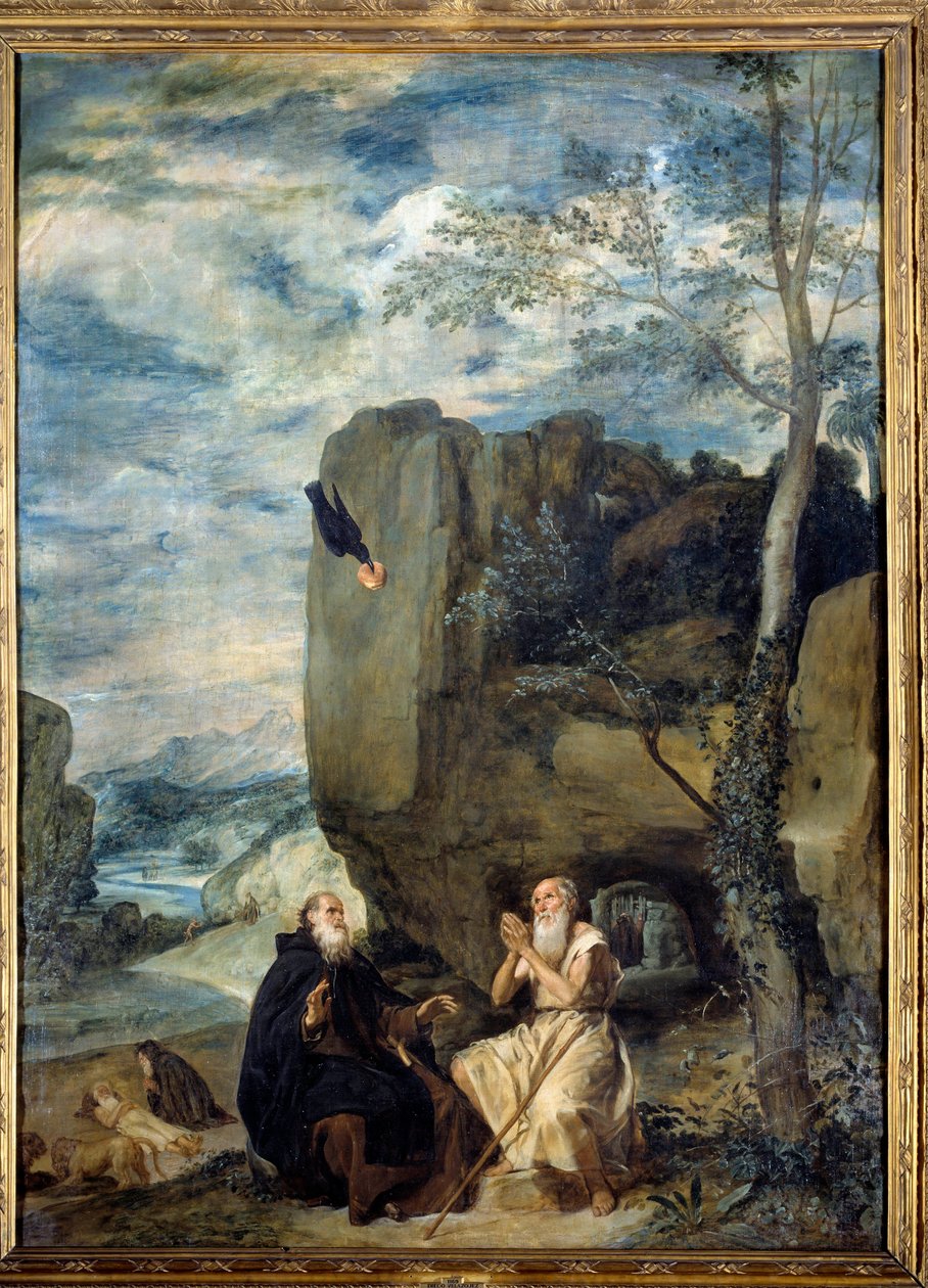Santo Antônio o Grande (ou Santo Antônio o Eremita ou Santo Antônio a Abadia) e São Paulo Eremita. Pintura de Diego Rodríguez de Silva y Velasquez (1599-1660), cerca de 1635. Óleo sobre tela. Dim: 2,57 X 1,88m. Madrid, Musee Du Prado de Diego Velázquez
