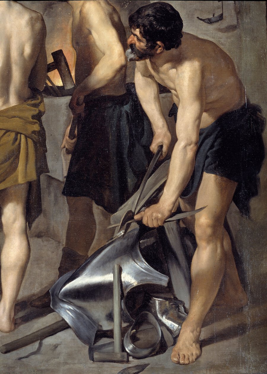 A forja de Vulcano, detalhe. Um dos ferreiros trabalha na armadura. Pintura de Diego Velasquez (1599-1660) 1630 Sol. 2,23x2,90 m Madrid, Museu do Prado. de Diego Velázquez