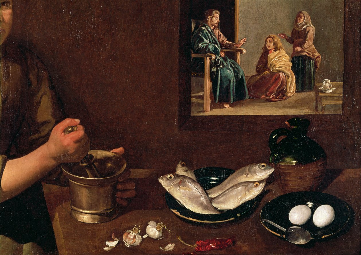 Cena de cozinha com Cristo na casa de Marta e Maria (detalhe de comida na mesa com Cristo, Marta e Maria ao fundo, ver 99423), c.1618 de Diego Velázquez