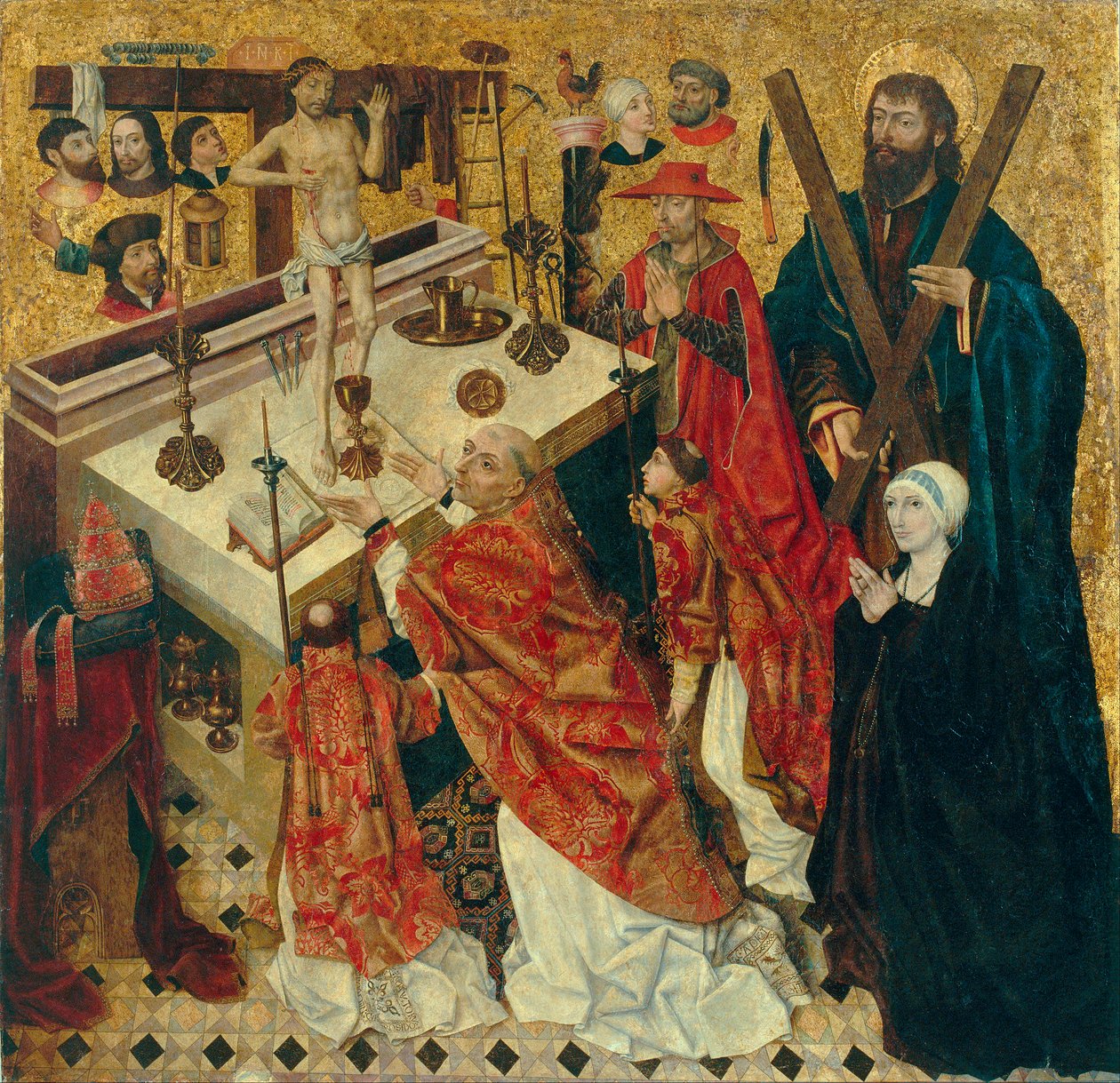 Messe de saint Gregoire - A Missa de São Gregório Magno - Pintura de Diego de la Cruz (ativo 1482-1500) - antes de 1480 - Óleo sobre madeira - 168x168 - Museu Nacional d