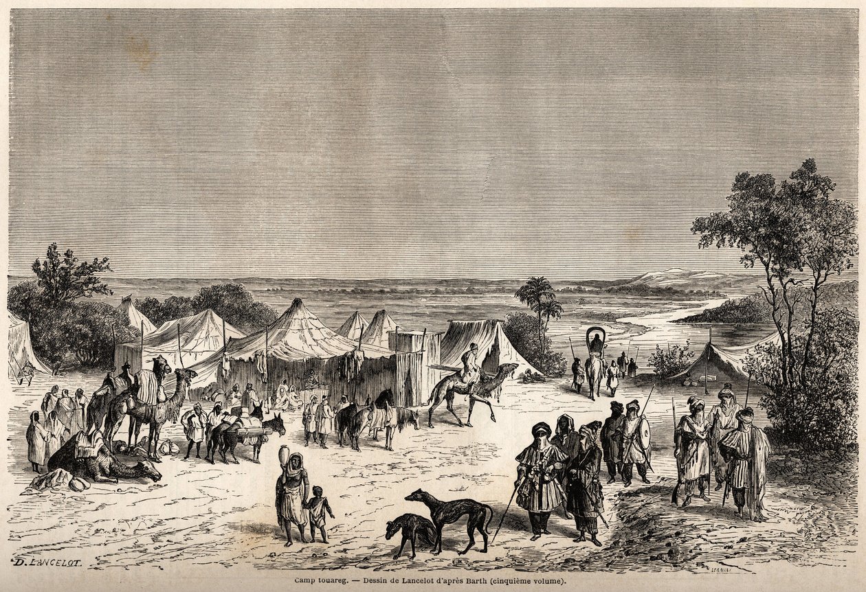 Um acampamento Touareg, desenhado por Lancelot, para ilustrar a viagem de 1849-1855 ao centro de África do Dr. Henri Barth. Gravura em "Le tour du monde, nouveau journal des voyages" Paris de Dieudonne Auguste Lancelot