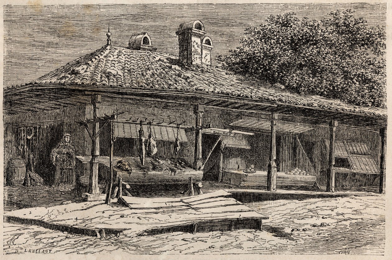 Um açougue e uma padaria em Bucareste (Romênia). Engravure pour illustrrer le voyage de Paris à Bucharest de Lancelot, designer, em 1860, no "Le tour du monde, nouveau journal des voyages", publicado sob a direcção de Edouard Charton de Dieudonne Auguste Lancelot