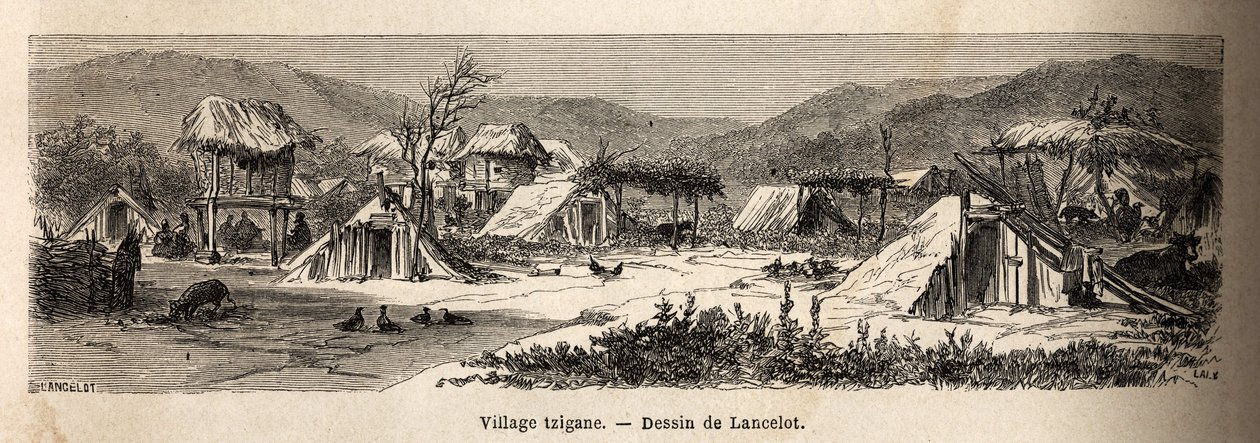 Uma aldeia cigana. Gravura para ilustrar a viagem de Paris a Bucareste, de Lancelot, desenhista, em 1860, publicada no "Le tour du monde, nouveau journal des voyages", sob a direcção de Edouard Charton de Dieudonne Auguste Lancelot