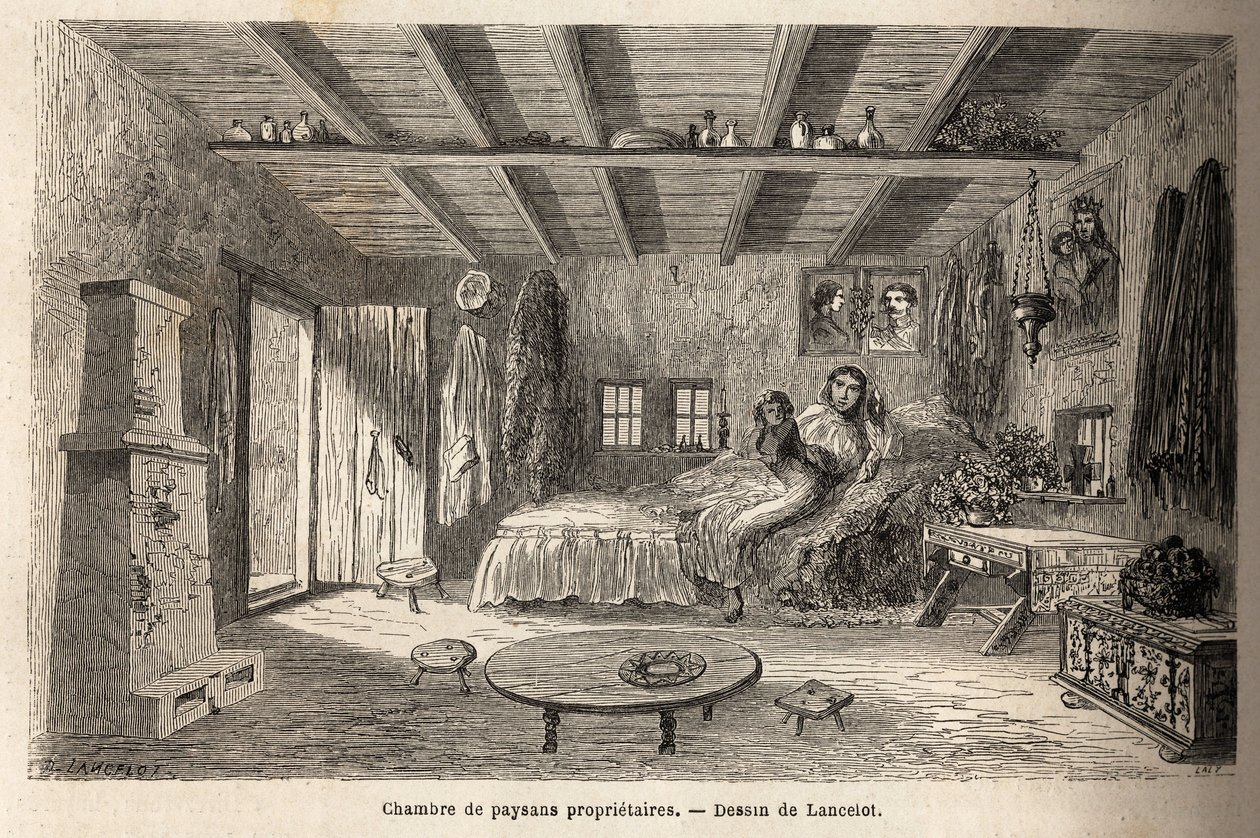 Uma casa de camponeses proprietários, nos arredores de Orezu (região de Walachia, Roménia). Gravura para ilustrar a viagem de Paris a Bucareste, de Lancelot, desenhista, em 1860, publicada na "Le tour du monde, nouveau journal des voyages", sob a direcção  de Dieudonne Auguste Lancelot