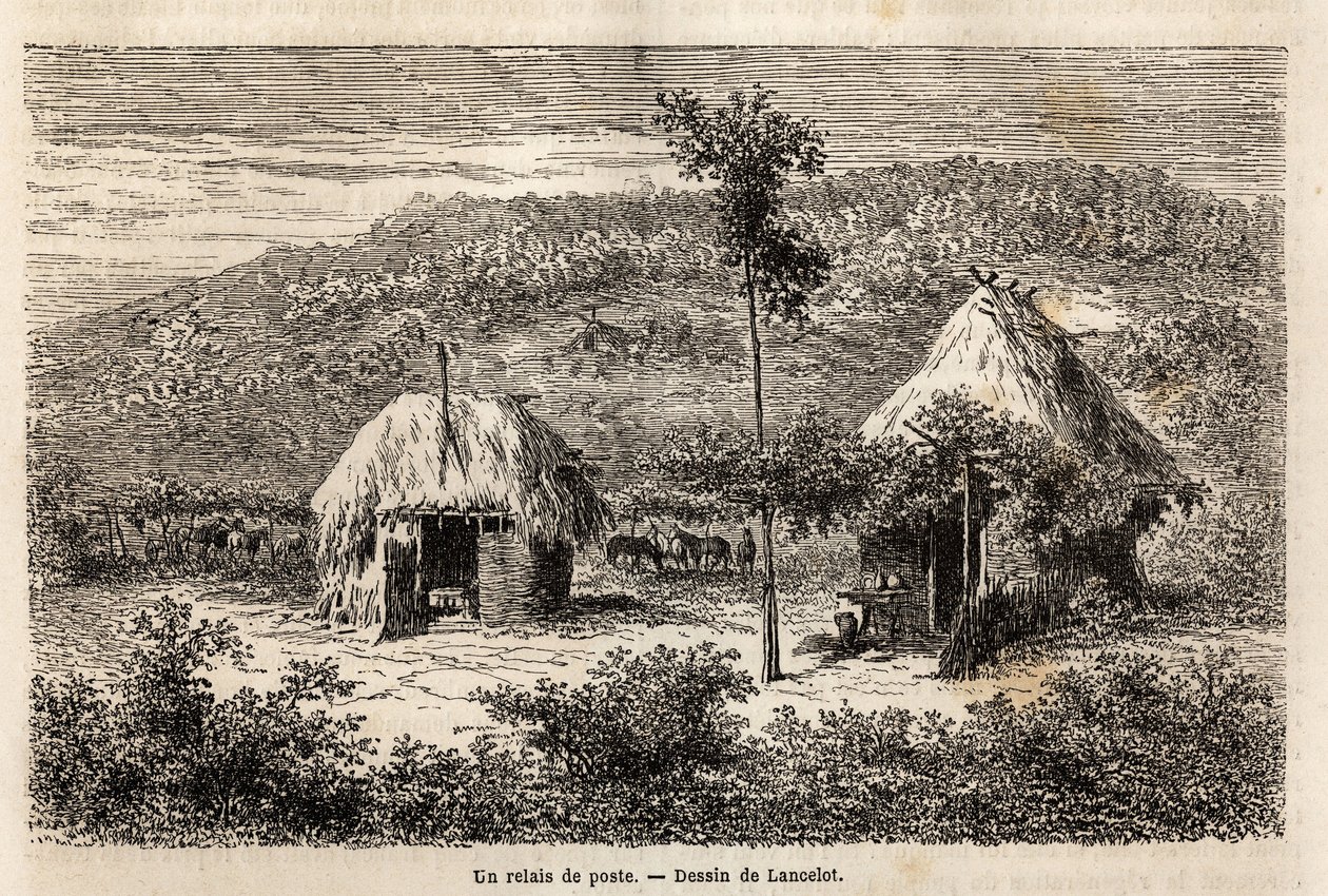 Um posto de retransmissão entre Bucareste e Pitesti. Gravura para ilustrar a viagem de Paris a Bucareste (Roménia), em 1860, por Lancelot, designer, no "Le tour du monde, nouveau journal des voyages", publicado sob a direcção de Edouard Charton de Dieudonne Auguste Lancelot