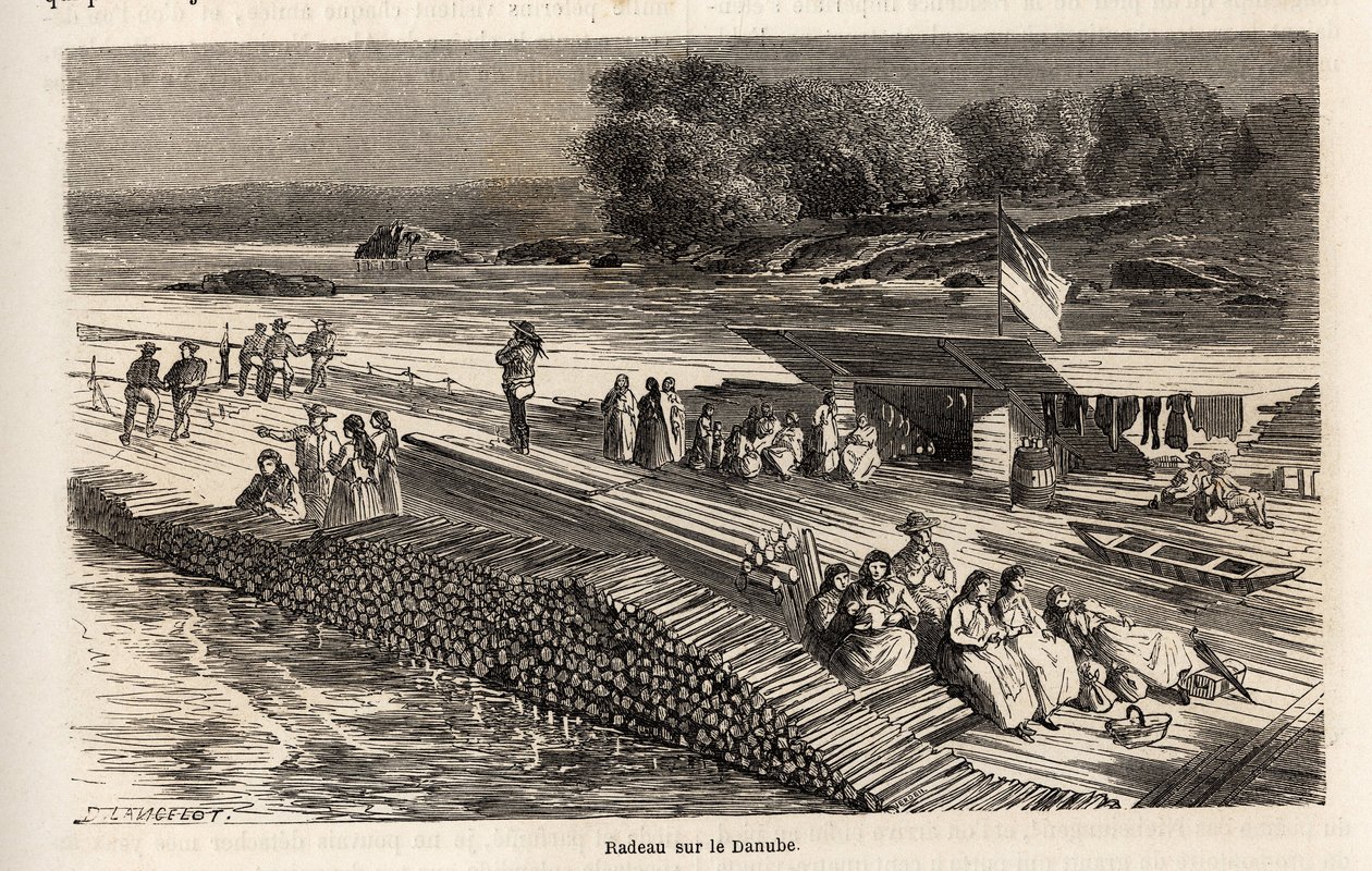 Uma jangada de madeira no Danúbio, para o transporte de mercadorias e pessoas, desenhada por Lancelot, para ilustrar a viagem de Victor Duruy de Paris a Bucareste em 1860. Gravura em "Le tour du monde", editado por Edouard Charton de Dieudonne Auguste Lancelot