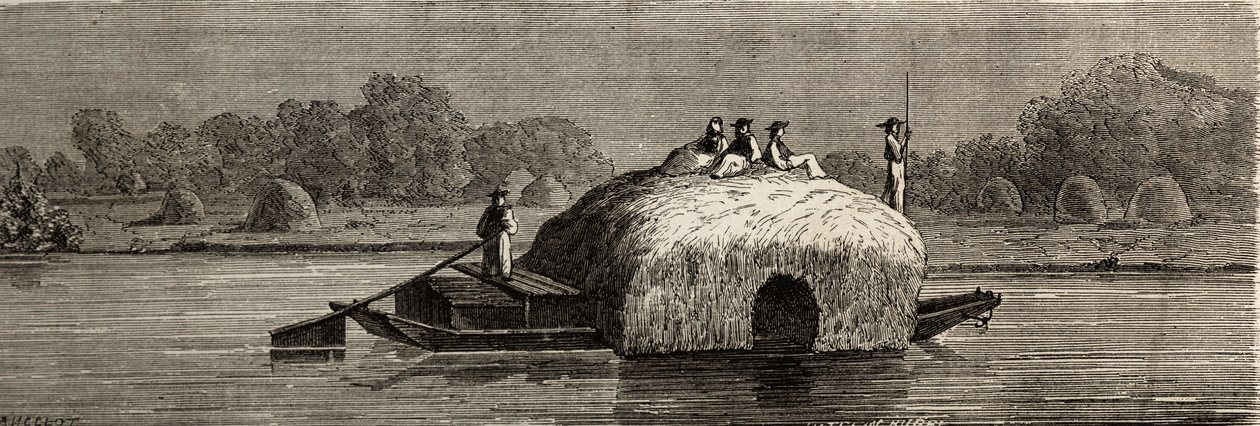Corte, colheita e transporte de forragens nas margens do Danúbio. Desenho de Lancelot, para ilustrar a sua viagem de Paris a Bucareste em 1860. Gravura em "Le tour du monde", editado por Edouard Charton de Dieudonne Auguste Lancelot