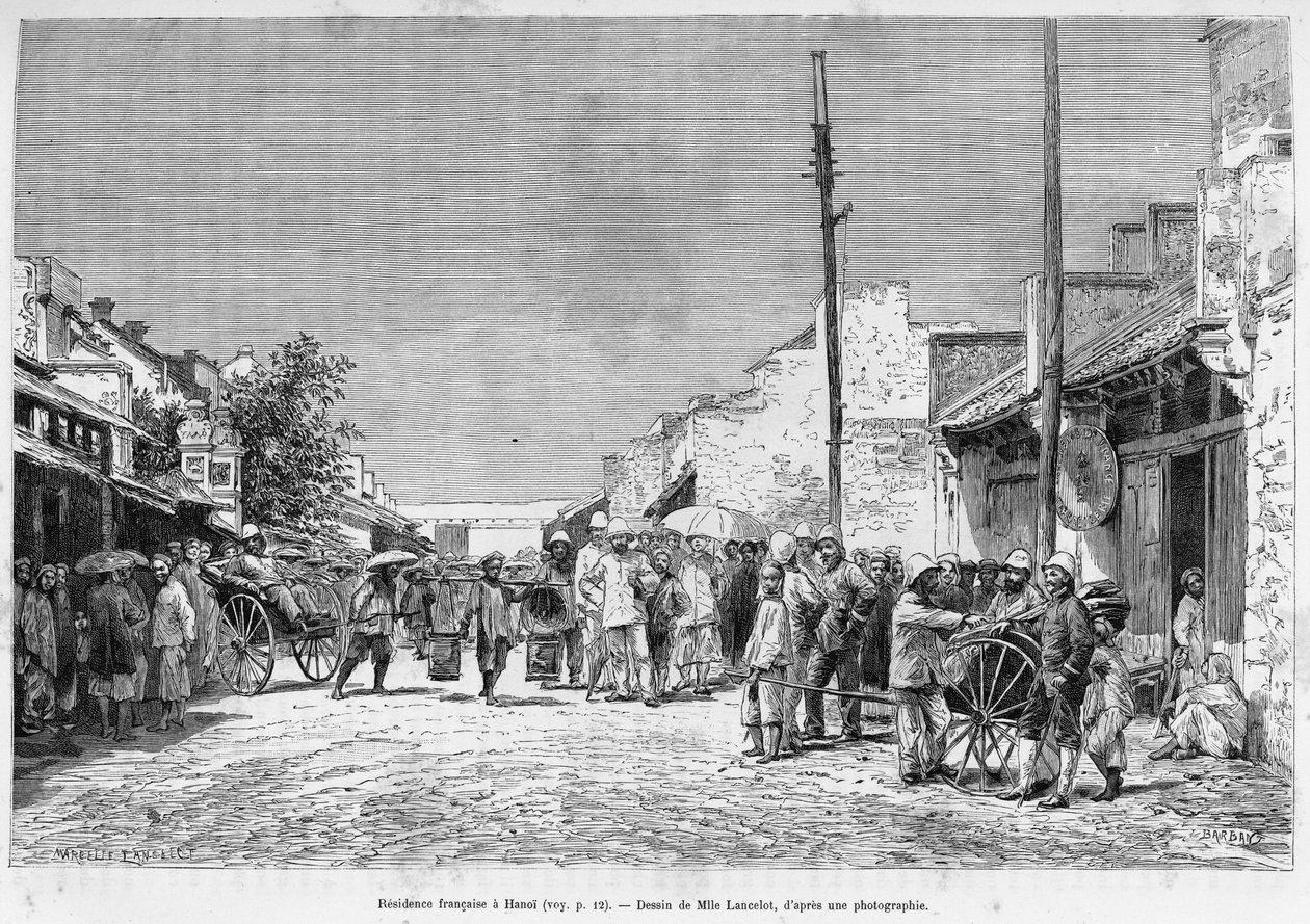 Residência francesa em Hanoi. Gravura de Lancelot, após fotografia, para ilustrar a história Trente mois au Tonkin em 1884, do Doutor Hocquard, no tour du monde 1889, dirigido por Edouard Charton (1807-1890), Hachette, Paris. de Dieudonne Auguste Lancelot