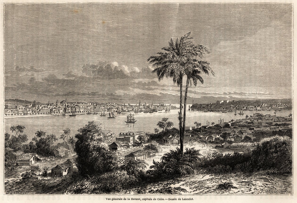 Vista geral de Havana, capital de Cuba, desenhada por Lancelot para ilustrar a viagem à ilha de Cuba, em 1859, por Richard Dana (1815-1882). Gravura em "Le tour du monde, nouveau journal des voyages" Paris de Dieudonne Auguste Lancelot