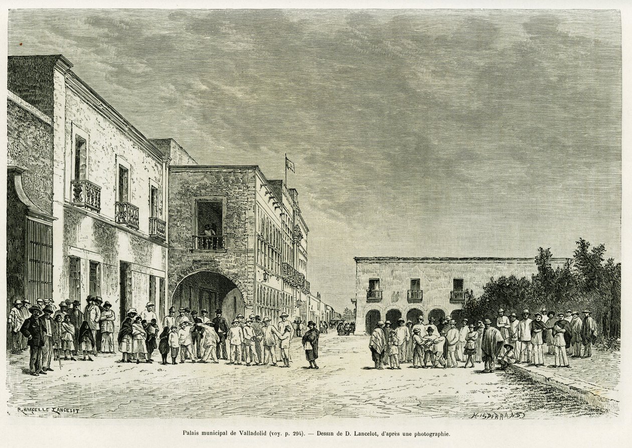Palácio Municipal de Valladolid. Gravura de Lancelot para ilustrar a história Ma última expedição au Yucatan, de Desire Charnay, em le tour du monde 1887, dirigida por Edouard Charton (1807-1890), Hachette, Paris. de Dieudonne Auguste Lancelot