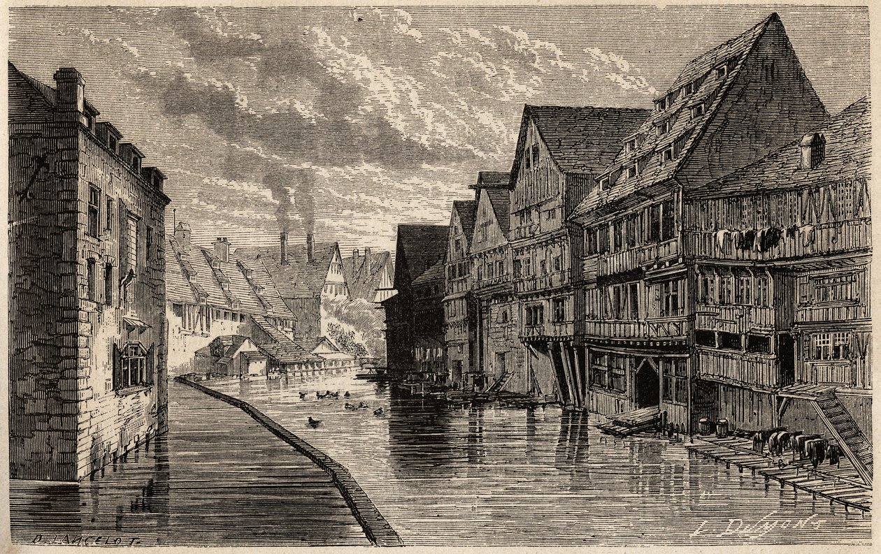 Antigos curtumes, em Ulm, desenhados por Lancelot, para ilustrar a viagem de Victor Duruy de Paris a Bucareste em 1860. Gravura em "Le tour du monde", editado por Edouard Charton de Dieudonne Auguste Lancelot