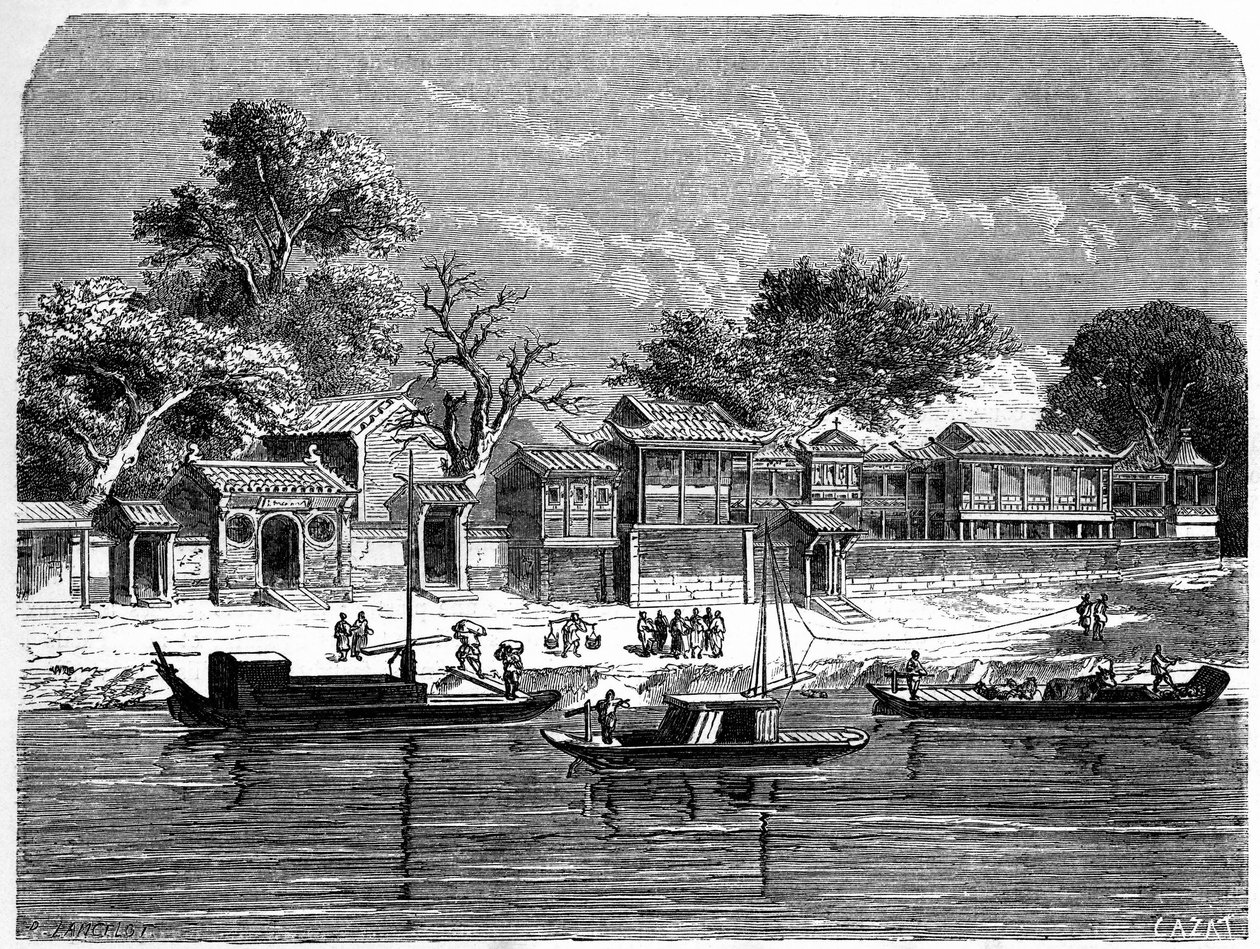 Palácio concebido para os missionários franceses em Tien Tsin (Tien-Tsin, Tianjin), China. Gravura de Lancelot, em "Le Tour du Monde, Nouveau journal des Voyages", editado por Edouard Charton, Paris. de Dieudonne Auguste Lancelot