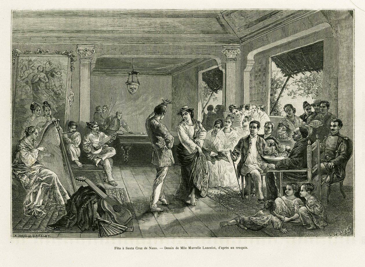 Festejar uma Santa Cruz de Nano. Gravura de Lancelot para ilustrar a história Lucon e Palaouan, seis anos nas Filipinas, de Alfred Marche (1844-1898), em le tour du monde 1886, dirigido por Edouard Charton (1807-1890), Hachette, Paris. de Dieudonne Auguste Lancelot