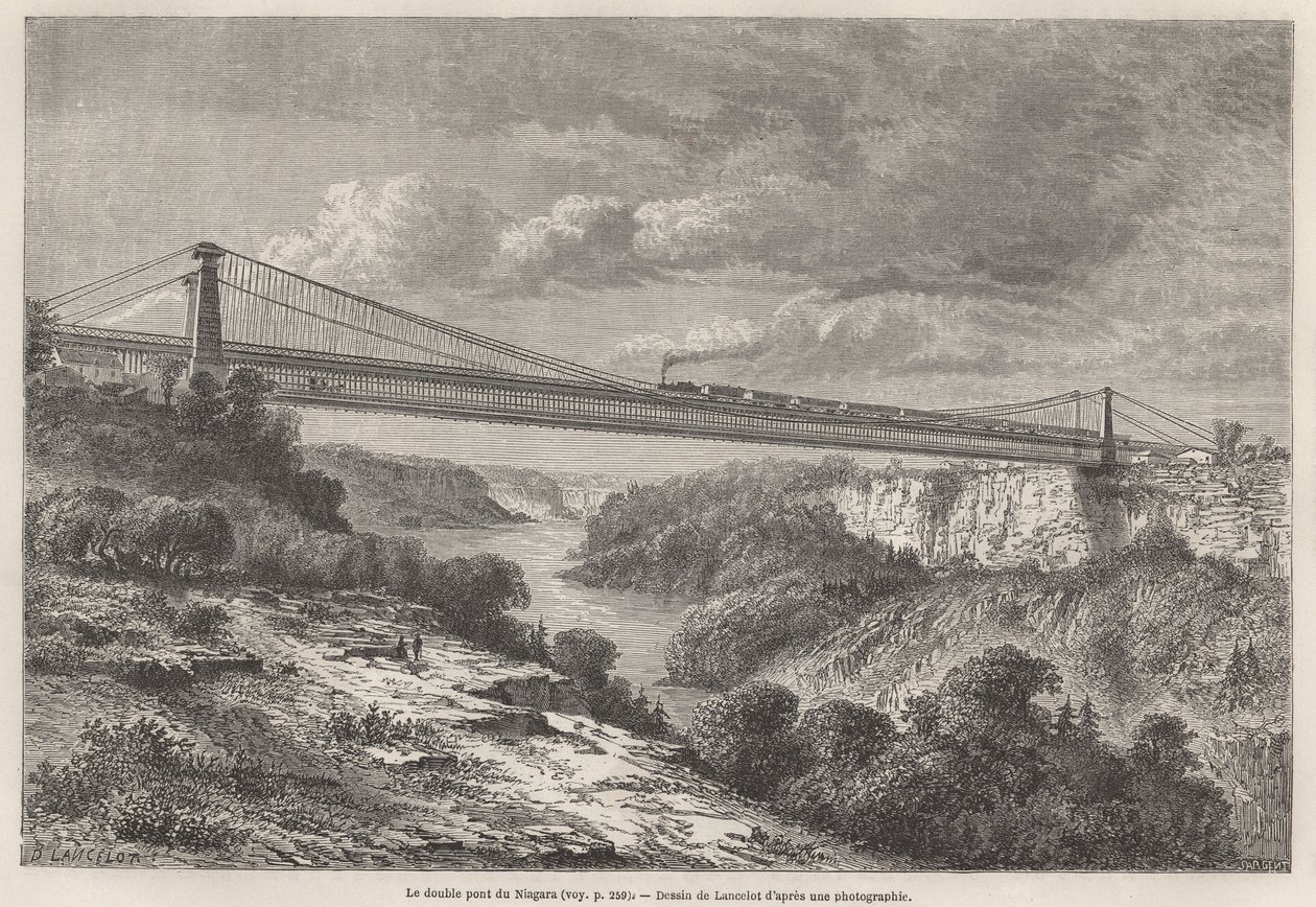 A Ponte Dupla do Niágara, desenho de Lancelot, para ilustrar as viagens de L. Deville à América do Norte em 1854-55. Gravura em "Le tour du monde", 1861. A coleção de Selva. de Dieudonne Auguste Lancelot