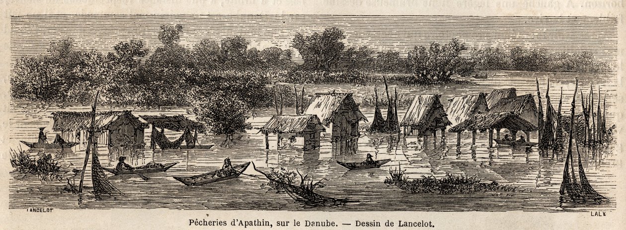 A pesca de Apathin (Sérvia), no Danúbio. Desenho de Lancelot, para ilustrar a sua viagem de Paris a Bucareste, em 1860. Gravura em "Le tour du monde", editado por Edouard Charton de Dieudonne Auguste Lancelot